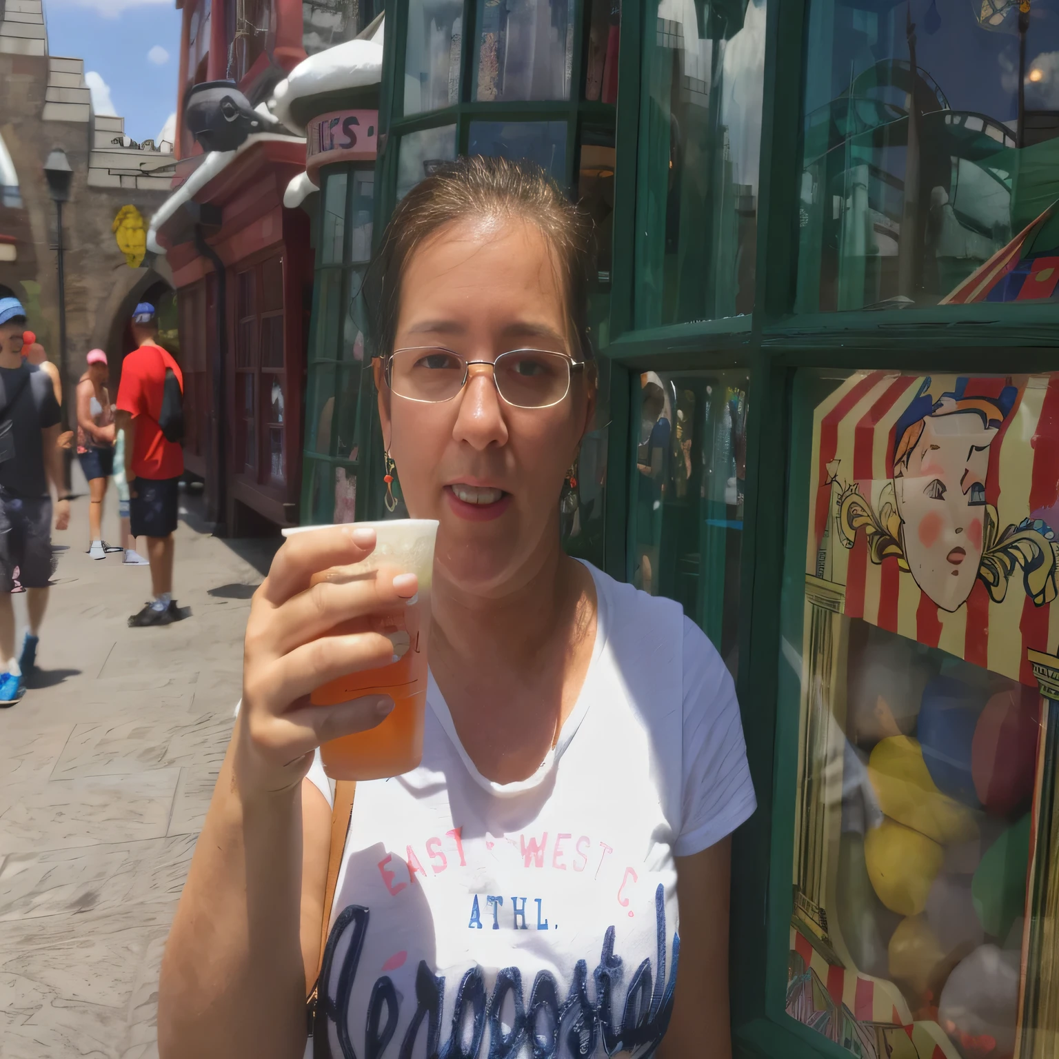 woman holding a cup of beer in front of a store, she wears harry potter glasses, holding a beer!!, with a drink, holding a drink, holding the pint of ale, holding a mug of beer, 20yo, drinking a beer, 2 0 yo, holding a large glass of beer, holding a tankard of ale