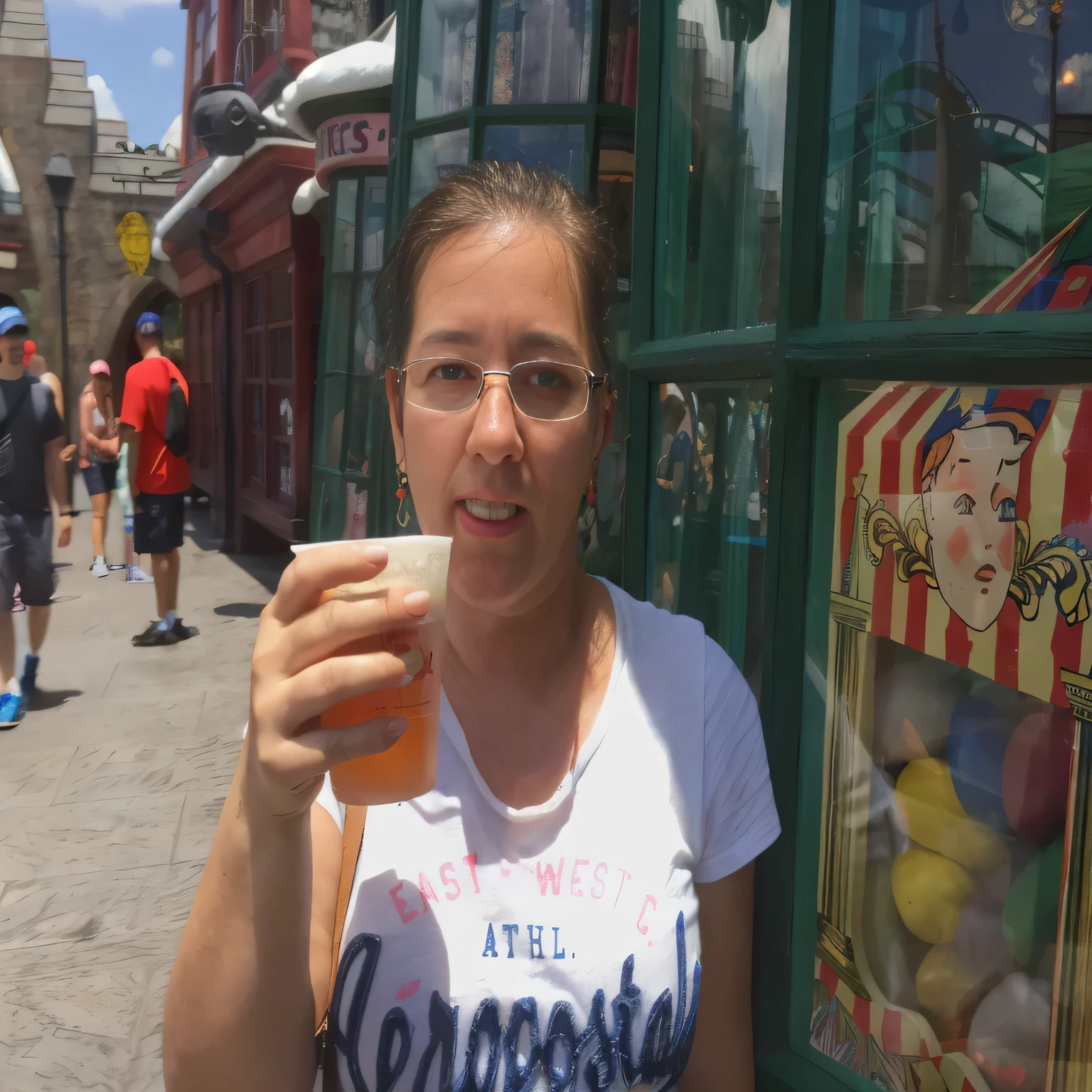 woman holding a cup of beer in front of a store, she wears harry potter glasses, holding a beer!!, with a drink, holding a drink, holding the pint of ale, holding a mug of beer, 20yo, drinking a beer, 2 0 yo, holding a large glass of beer, holding a tankard of ale