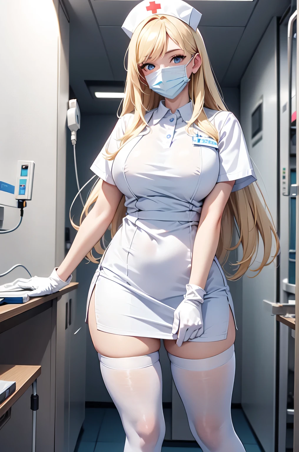 1woman, solo, nurse, white nurse cap, white nurse uniform, ((white legwear, zettai ryouiki)), white gloves, blonde hair, blue eyes, ((white surgical mask, covered nose)), standing, ((hospital room)), sharp outline, short sleeves, mature female, 35 years old, best quality, masterpiece