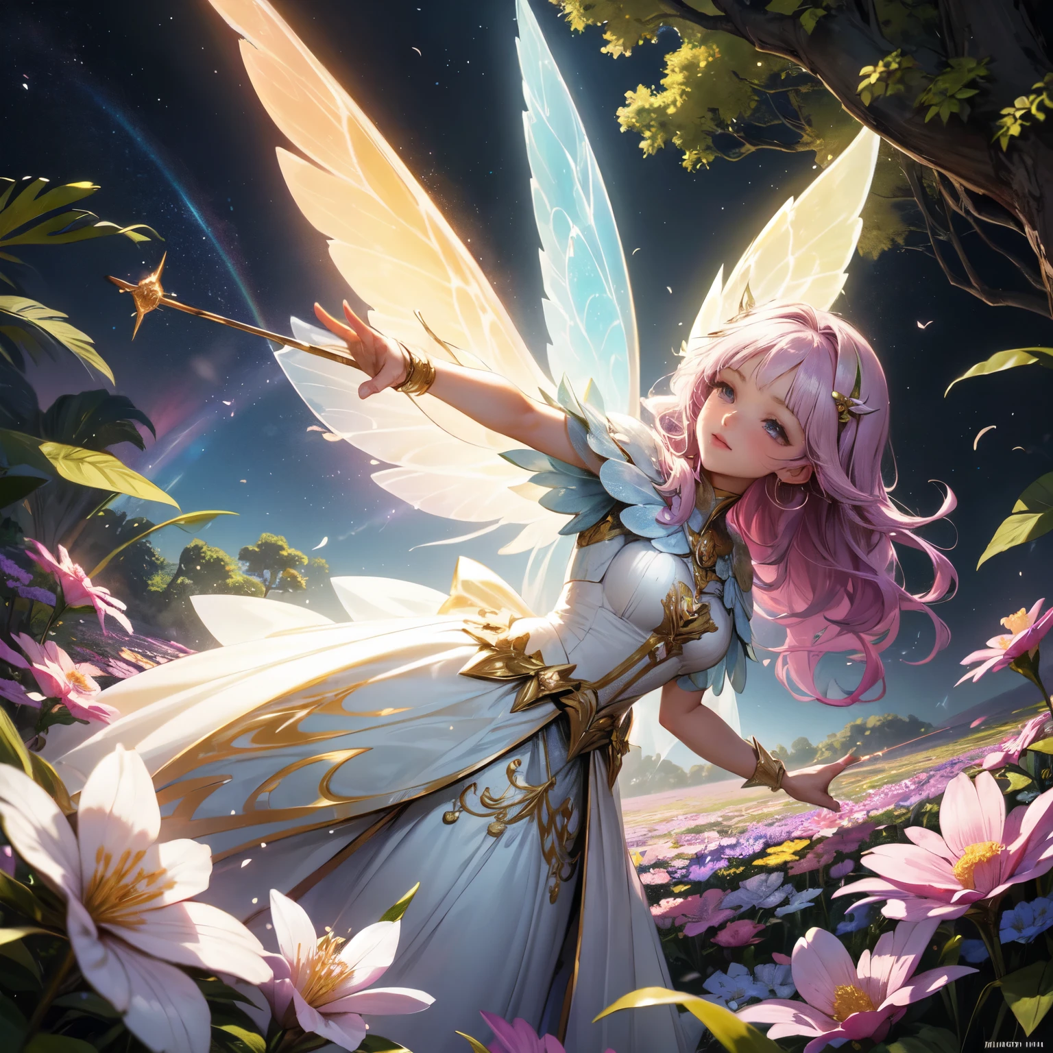 (parte mestre), (melhor qualidade de imagem), 8K, alto detalhe, Super Detalhe. A beautiful and magical flower fairy with delicate features is flying in the air. She holds a magic wand in her hand and is performing magic, emitindo uma luz suave e brilhante que simboliza seu amor pela magia e sua capacidade de fazer florescer flores e alegria. Her translucent wings on her back flash a rainbow of brilliant colors as she elegantly flies between two large trees covered in flowers.. The background is lush with an abundance of varied flowers, creating a vibrant and natural setting. The fairy's presence fills the scene with an enchanting feeling., casting a magical light that illuminates the entire environment. Her dress is woven of petals and delicate leaves, se misturando perfeitamente com os elementos naturais ao seu redor.The fairy's expression is calm, Reflecting your deep connection to nature and the harmonious energy that flows through it. The image is a realistic close-up, altamente detalhado e intrincado, capturing the ethereal nature of the flower fairy and blending her captivating presence with the serene beauty of the natural world.