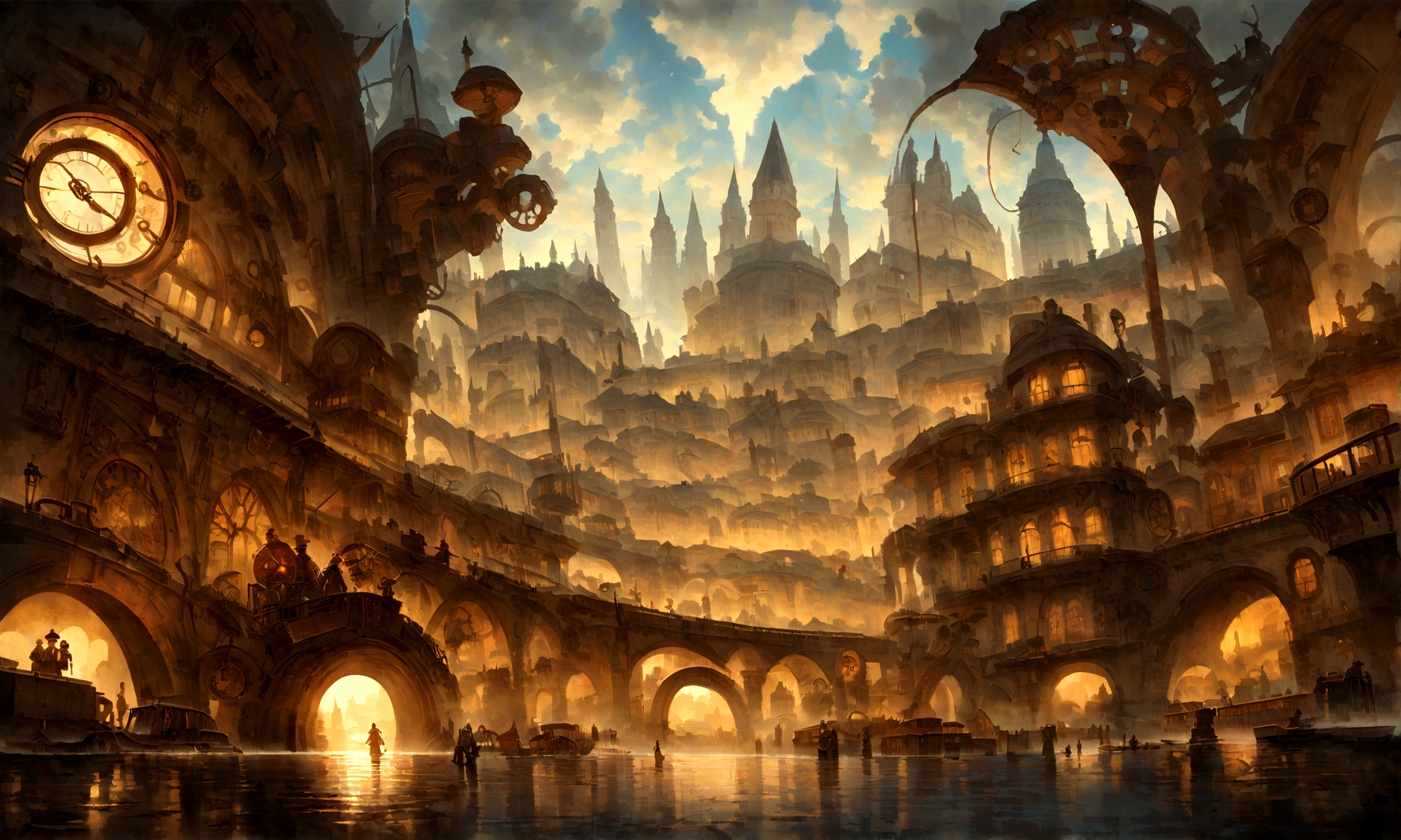 fantasy艺术, Very wide angle shooting, painting, detailed , Mutation Art, contest winner, Concept Art, , tim hildebrandt, fantasy, ((((Steampunk city)))),,During the day,, Dreamlike realism, Art Station ,, Adrians Everson's style ,Non-aesthetic architecture, Movie Stills,Greg Rutkowski, Create something reminiscent of《Deadly magic》Scenery in the movie, King's Cross Station, London, U.K.,Use intricate details and dynamic design,Immerse your audience in a magical world. The illustration depicts《Deadly magic》The awe and confusion the film evokes.
