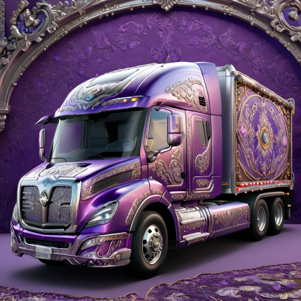 a highly detailed 18-wheeler truck, embroidered with intricate patterns, double stitching, silver beads along the edges, set against a vibrant purple baroque background, award-winning digital art, 8k, photorealistic, extremely detailed, cinematic lighting, volumetric lighting, dramatic shadows, lush colors, elegant, ornate, luxurious, masterpiece