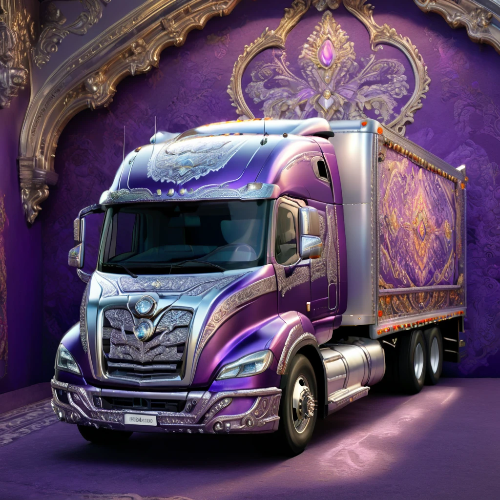 a highly detailed 18-wheeler truck, embroidered with intricate patterns, double stitching, silver beads along the edges, set against a vibrant purple baroque background, award-winning digital art, 8k, photorealistic, extremely detailed, cinematic lighting, volumetric lighting, dramatic shadows, lush colors, elegant, ornate, luxurious, masterpiece