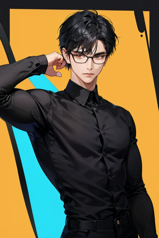 short man, height is 170cm, jet black short straight hair, strong build, muscular, glasses with thick and black frames, light narrow stern eyes, black shirt