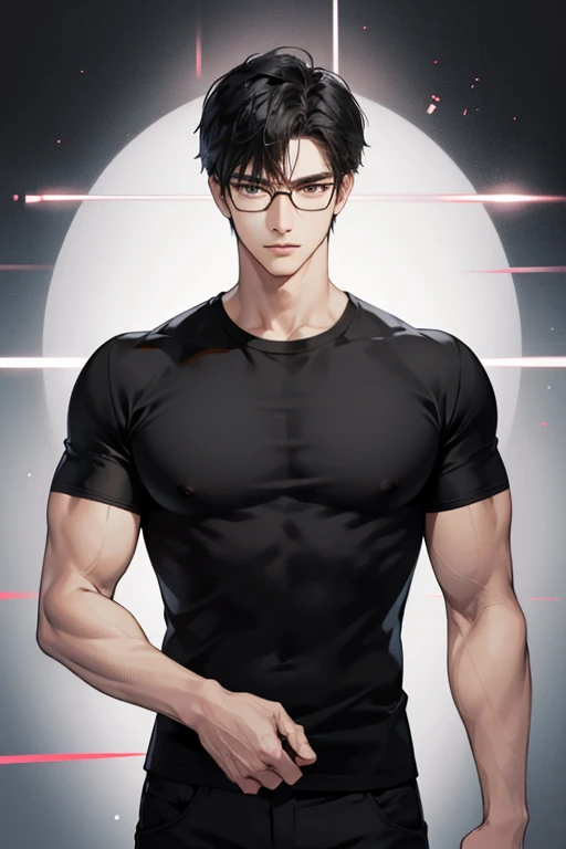 short man, height is 170cm, jet black short straight hair, strong build, muscular, glasses with thick and black frames, light narrow stern eyes, black shirt