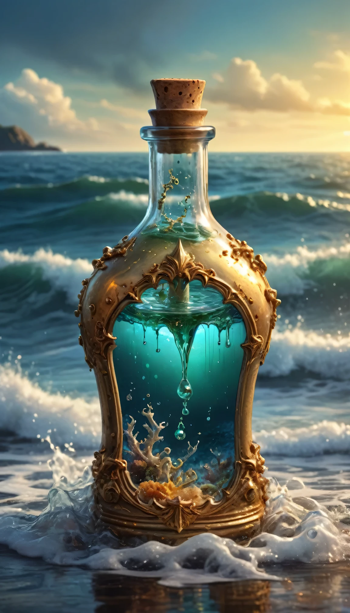 highly detailed image of a magical potion bottle leaking out into the ocean, delicate, beautiful, extremely high quality image, HDR, fantasy, photo  Centered in Perfect Composition, Complex Details Showing Unique and Enchanting Elements, Very Detailed Digital Painting, Golden Ratio, Dramatic Lighting, Very Realistic,