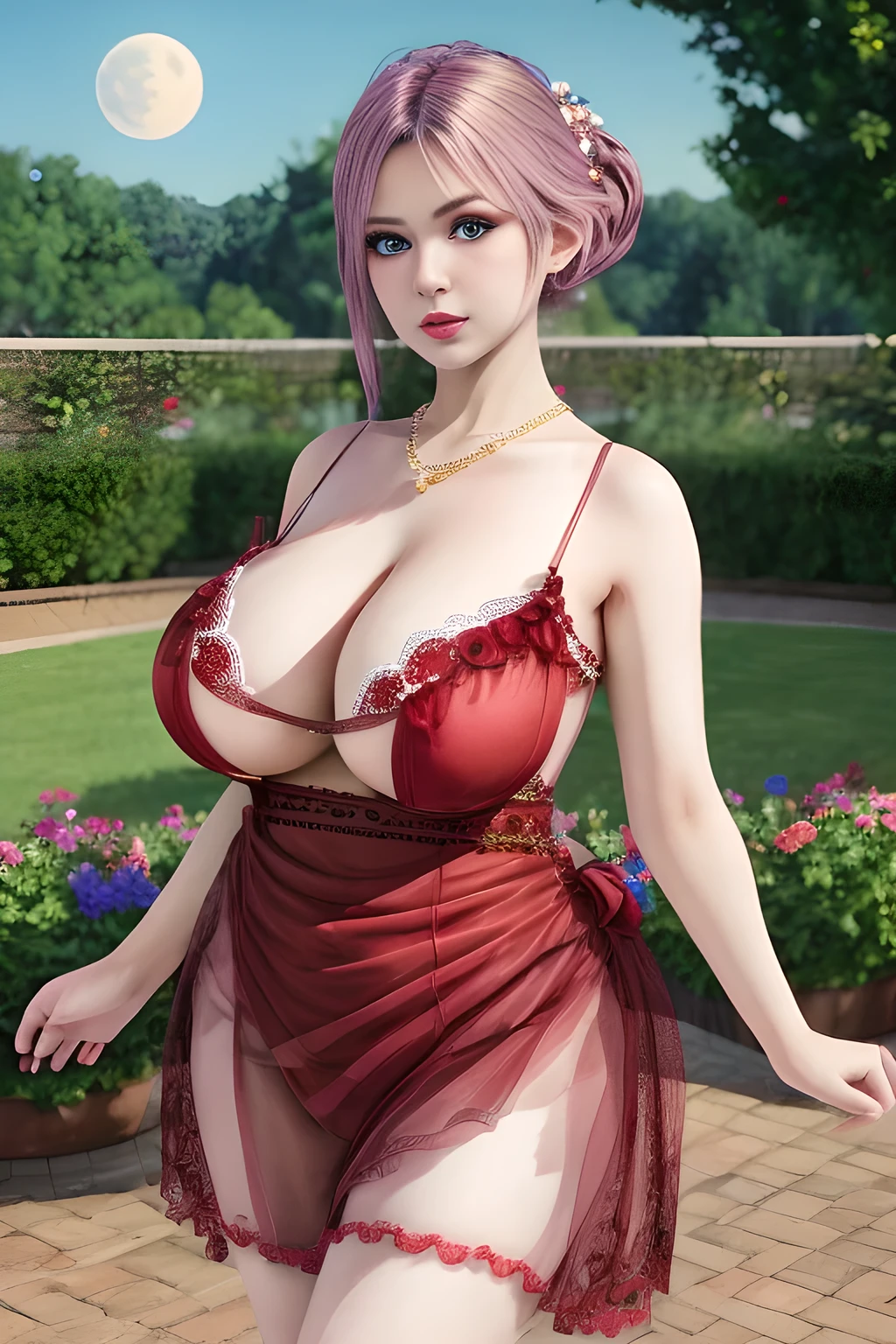 1girl,wore a red dress with delicate lace embellishments and her hair was tied up ,garden,moon,(huge breasts),lactating,(lip gloss),(masterpiece), best quality, (real life portrait photography:1.5),unltra detailed,8K,Shot with a professional-grade camera like the Nikon D850,every intricate detail is captured, from the subtlest expression to the glimmer of anticipation in her eyes,Focus on thighs and above,solo, elise,
