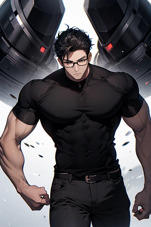 short man, height is 170cm, jet black short straight hair, strong build, muscular, glasses with thick and black frames, light narrow stern eyes, black shirt