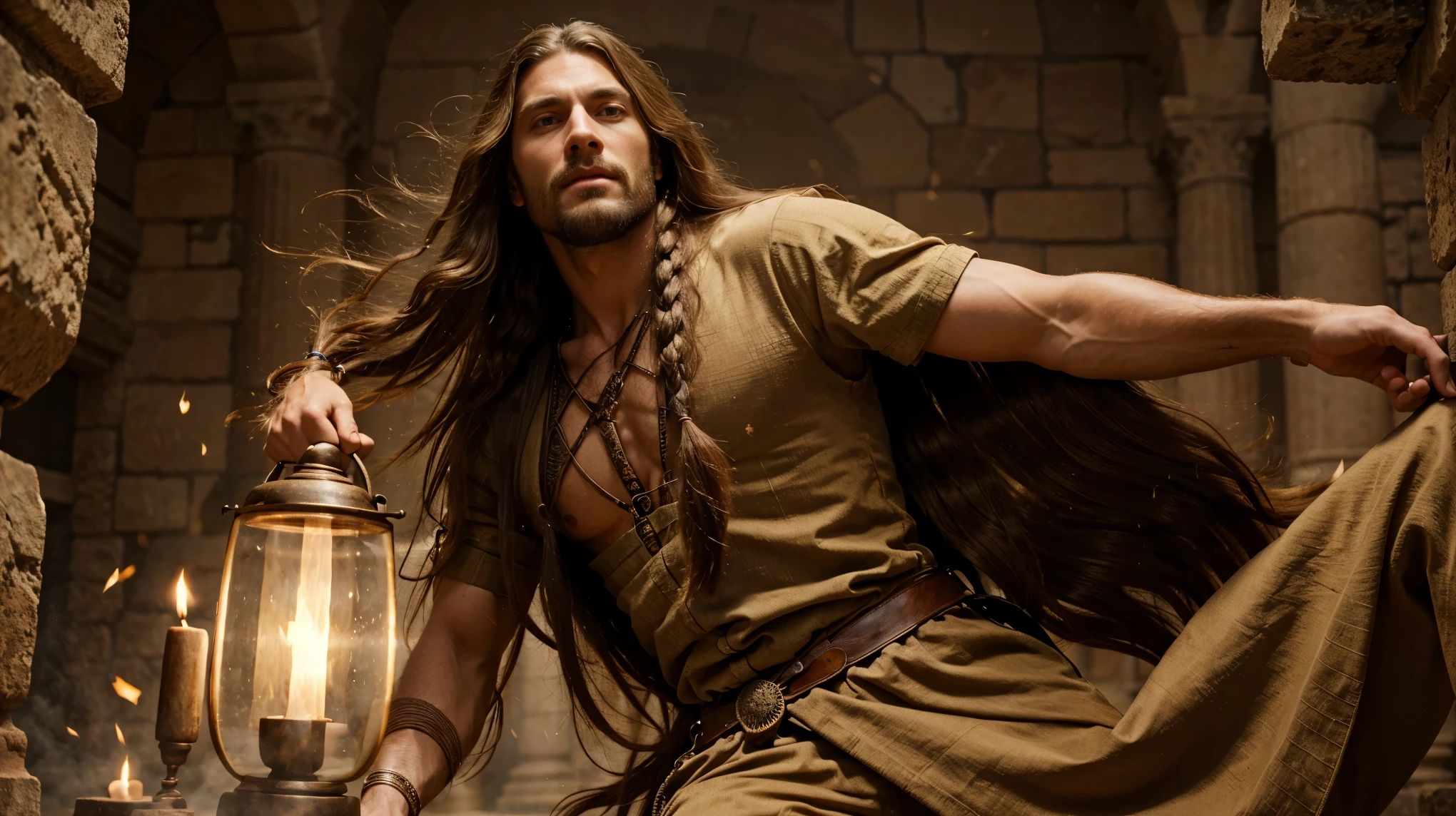 Ancient masculine man with long hair and full body hyper realistic
