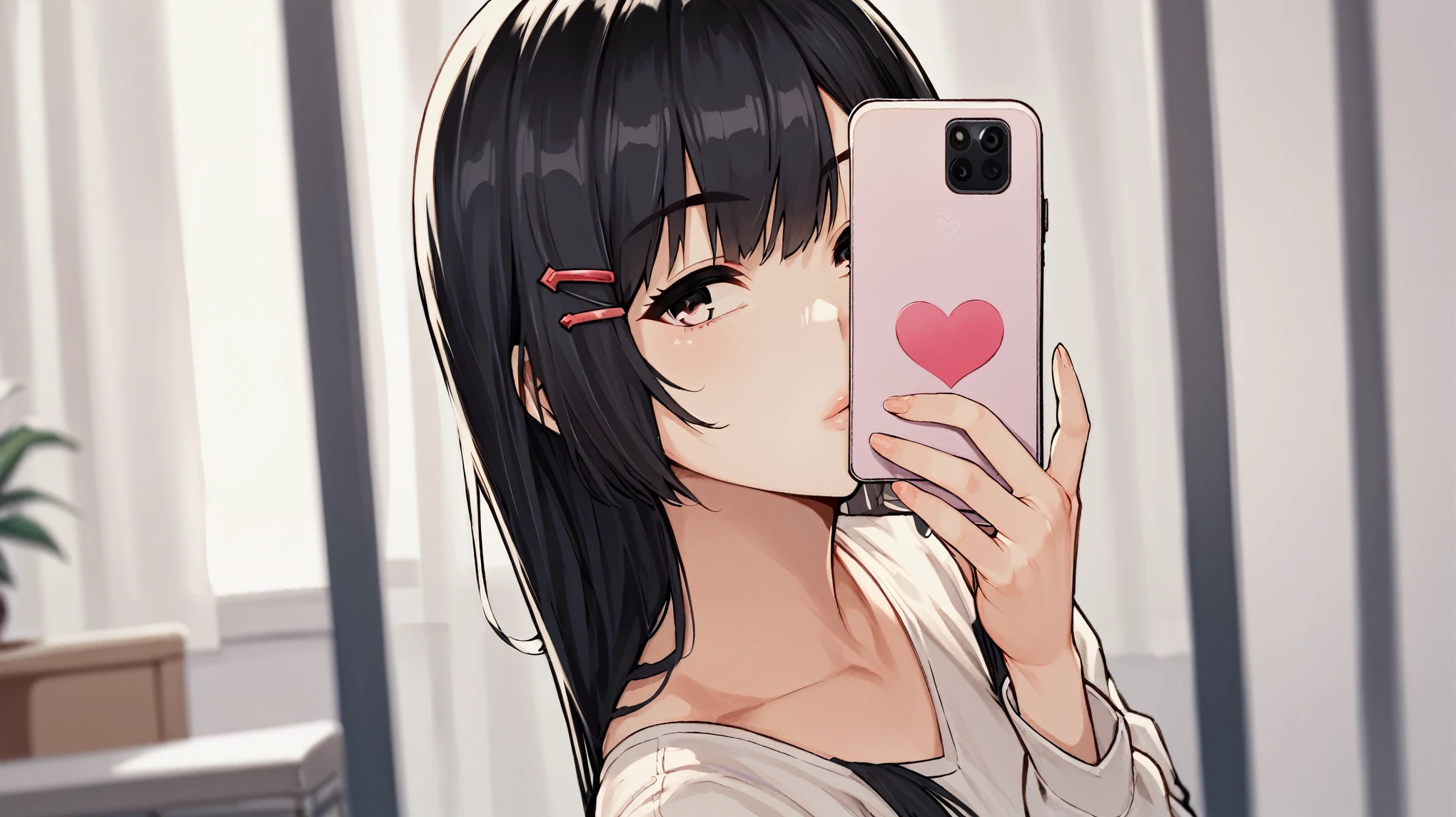 score_9, score_8_superior, score_7_superior, Cowboy Shot, From the side, One girl, smartphone, Selfie, amount, Hair Clip, Voice of the Heart, Black Hair, bangs,
,