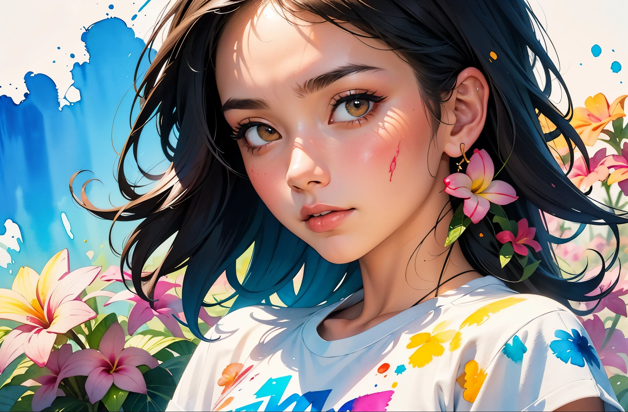 a Plumeria painting with a splatter background and spray paint effect, by Eugeniusz Zak, t-shirt, upper body centered, watercolor art, by Károly Lotz, watercolor painting, watercolor painting style, watercolor detailed art, by Reuben Tam, watercolor digital painting, watercolor paint, masterfully detailed watercolor, watercolor art, Greg Rutkowski