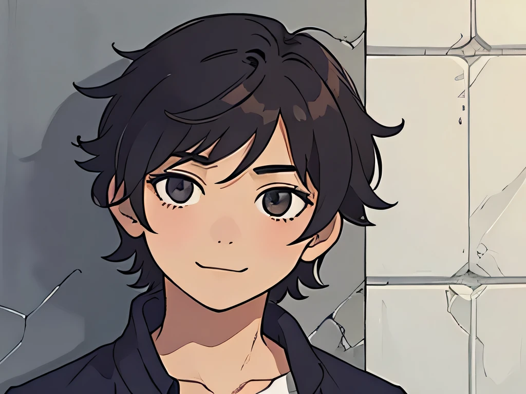 perfect anime illustration, closeup portrait of a boy having short messy hair, standing straight against a wall, posing, slightly smiling, straight angle

