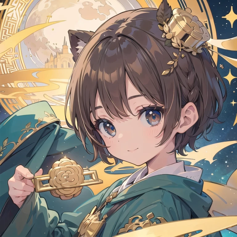(Extremely exquisite and beautiful work),(masterpiece),Eyes of the stars,best quality,fine details,Facial details,Brown short hair,Head,Half Body,Princess Cut,Site Cap,Smile,moon,moon cake,boy,Children's Wear,dream
