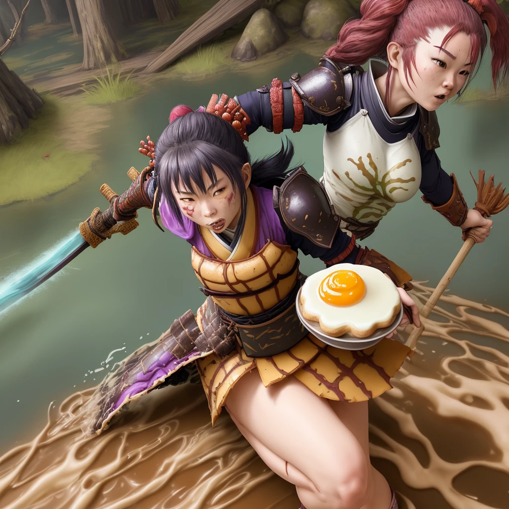 A female samurai adventurer clad in pastry armor and breakfast item themed gear and weapons, trudges through a chocolate syrup Sunday themed swamp and is repelling a raid by gummi goblins