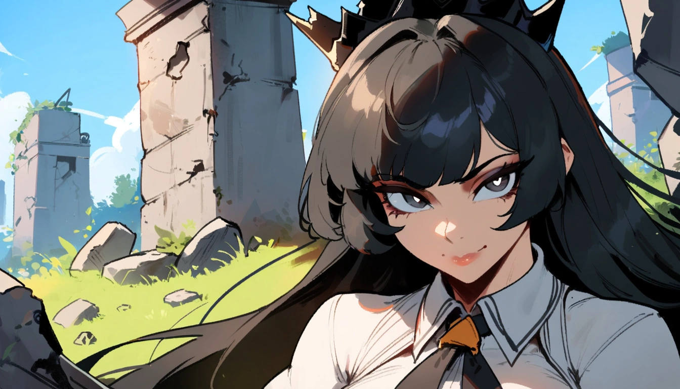 1girl,virtuosa \(arknights\) \\\\\ masterpiece, best quality, very aesthetic, absurdres, newest , ///// by nyantcha, cutesexyrobutts, by khyle \\\\\ ,,,,,,light smile,,solo,, , , sky,, looking at viewer, ,,in the centre of shot, black hair, black eyes, bad girl, sadistic, arrogant, 18 years old girl, original outfit, skirt, white t-shirt, portrait,splash art, detailed face, ruins, stones, piece sign, grass,crown