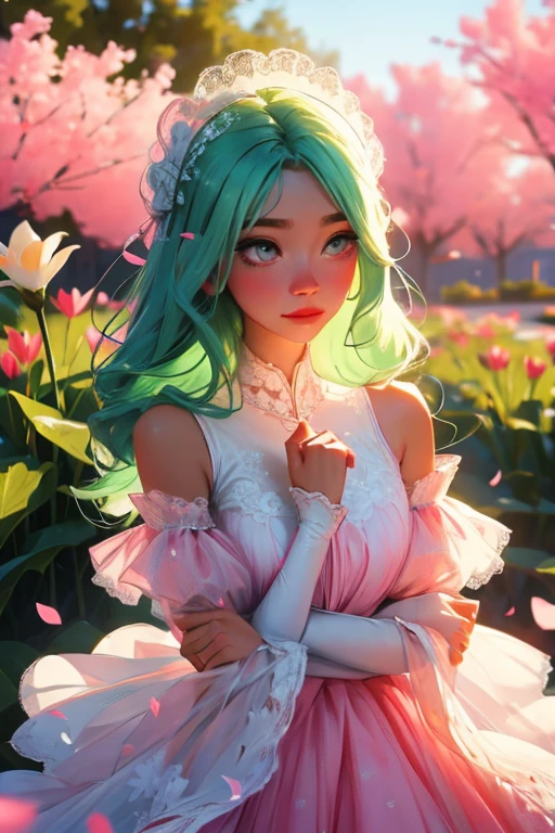 A light green haired woman with pink eyes and an hourglass figure in a pink lolita dress is blushing in a flurry of Lily petals in a garden