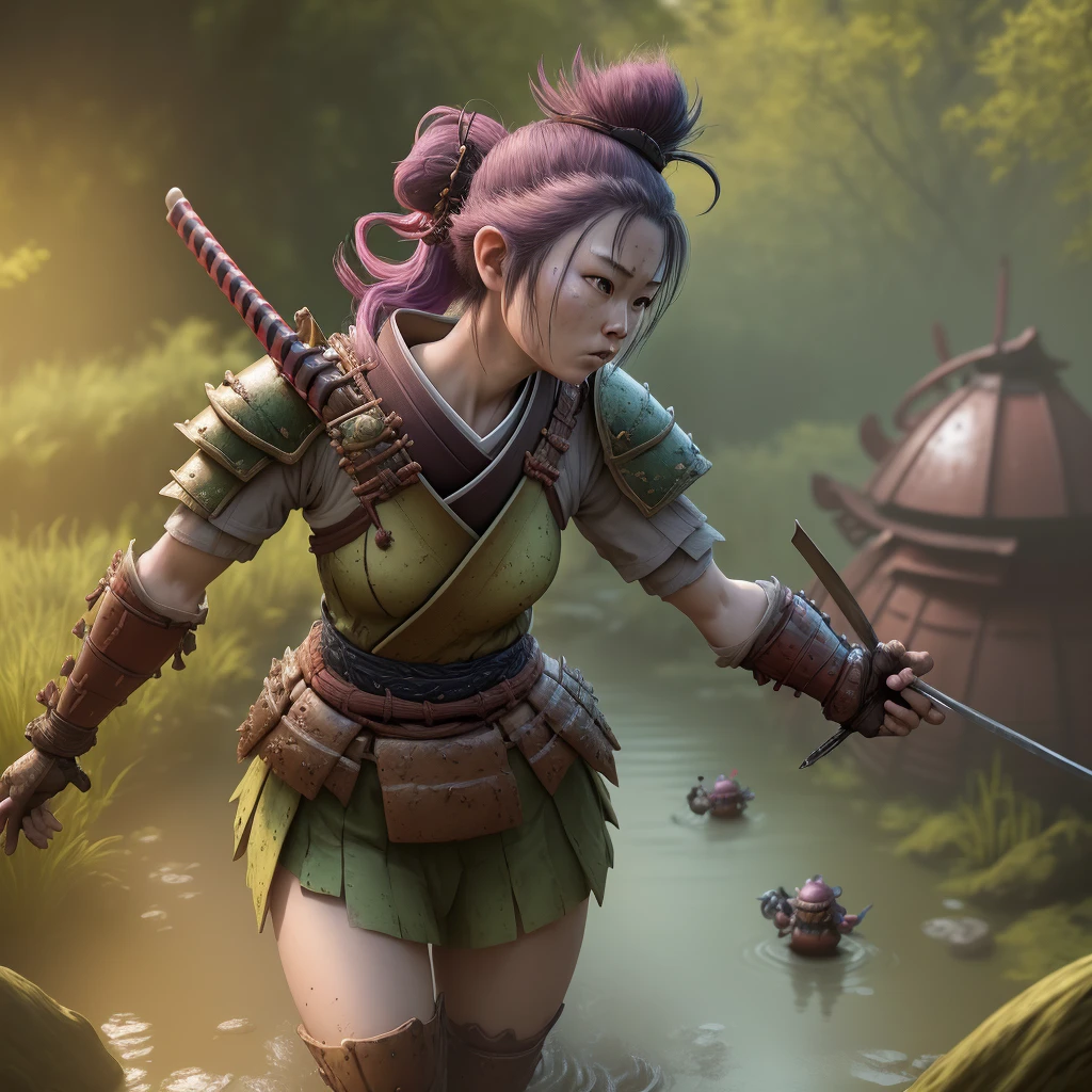 a female samurai adventurer,pastry armor,breakfast item themed gear and weapons,trudging through a chocolate syrup sunday themed swamp,repelling a raid by gummi goblins,cinematic lighting,highly detailed,8k,photorealistic,digital art,fantasy,vibrant colors,surreal,whimsical,dynamic composition,ambient occlusion,volumetric lighting,ray tracing,4k,studio quality
