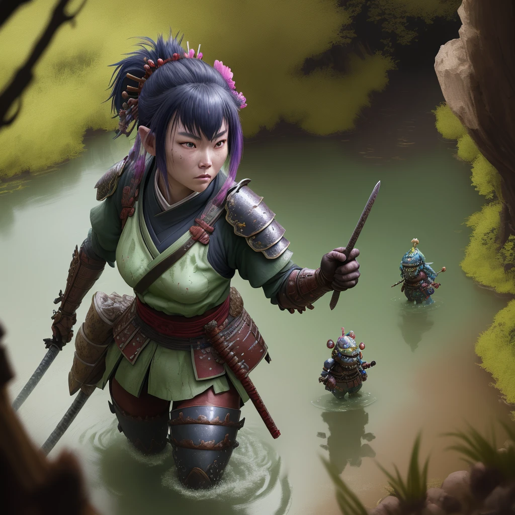 a female samurai adventurer,pastry armor,breakfast item themed gear and weapons,trudging through a chocolate syrup sunday themed swamp,repelling a raid by gummi goblins,cinematic lighting,highly detailed,8k,photorealistic,digital art,fantasy,vibrant colors,surreal,whimsical,dynamic composition,ambient occlusion,volumetric lighting,ray tracing,4k,studio quality