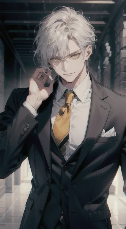 A man with vhite skin, silver short disheveled hair, and yellow eyes stands before you. His eyes glimmer with madness, matching the maniac smile on his face. He is dressed in a partially unbuttoned shirt, revealing the contours of his chest, and wears a tie loosely around his neck. The colors of the scene are predominantly black and gray, evoking a sense of mystery and darkness. The lighting accentuates the sharp features of his face, casting deep shadows. The image is of the highest quality, with an emphasis on realistic details and high resolution. The texture resembles a finely detailed painting, with every strand of hair and wrinkle on his shirt meticulously rendered. The overall effect is hauntingly beautiful, capturing the essence of this enigmatic character.