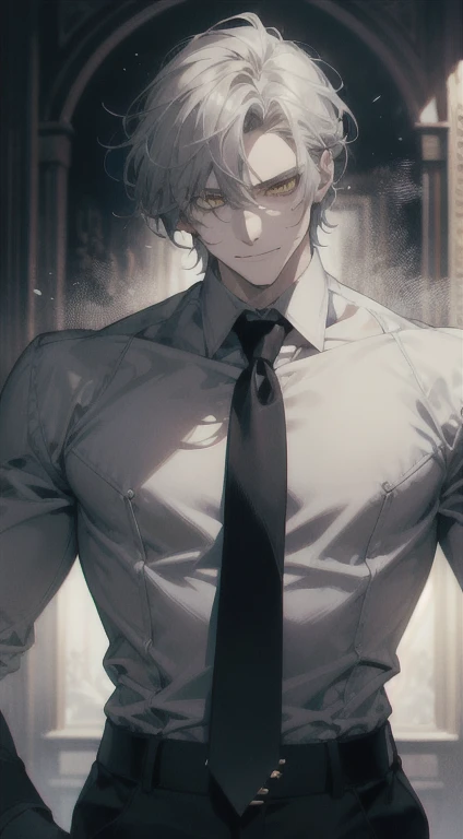 A man with vhite skin, silver short disheveled hair, and yellow eyes stands before you. His eyes glimmer with madness, matching the maniac smile on his face. He is dressed in a partially unbuttoned shirt, revealing the contours of his chest, and wears a tie loosely around his neck. The colors of the scene are predominantly black and gray, evoking a sense of mystery and darkness. The lighting accentuates the sharp features of his face, casting deep shadows. The image is of the highest quality, with an emphasis on realistic details and high resolution. The texture resembles a finely detailed painting, with every strand of hair and wrinkle on his shirt meticulously rendered. The overall effect is hauntingly beautiful, capturing the essence of this enigmatic character.