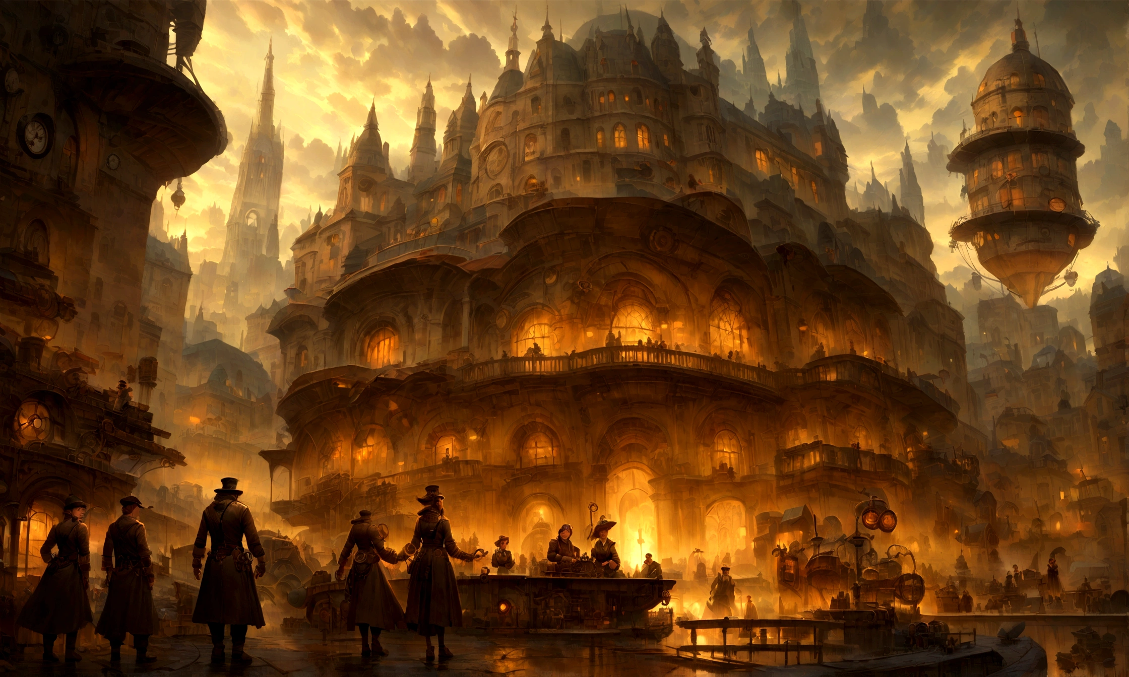 fantasy art, ultra wide shot, realistic, detailed, deviant art, contest winner, concept art, Tim Hildebrandt, fantasy, ((((Steampunk City))))), evening, dreamy realism, Art Station, Adrian Everson's style, cinematic stills rather than aesthetic architecture, Greg Rutkowski, creating a landscape reminiscent of the film "Deadly Magic", Kings Cross Station, London, UK, Using exquisite detail and dynamic design, the illustration captures the awe and confusion evoked by the film "Deadly Magic".