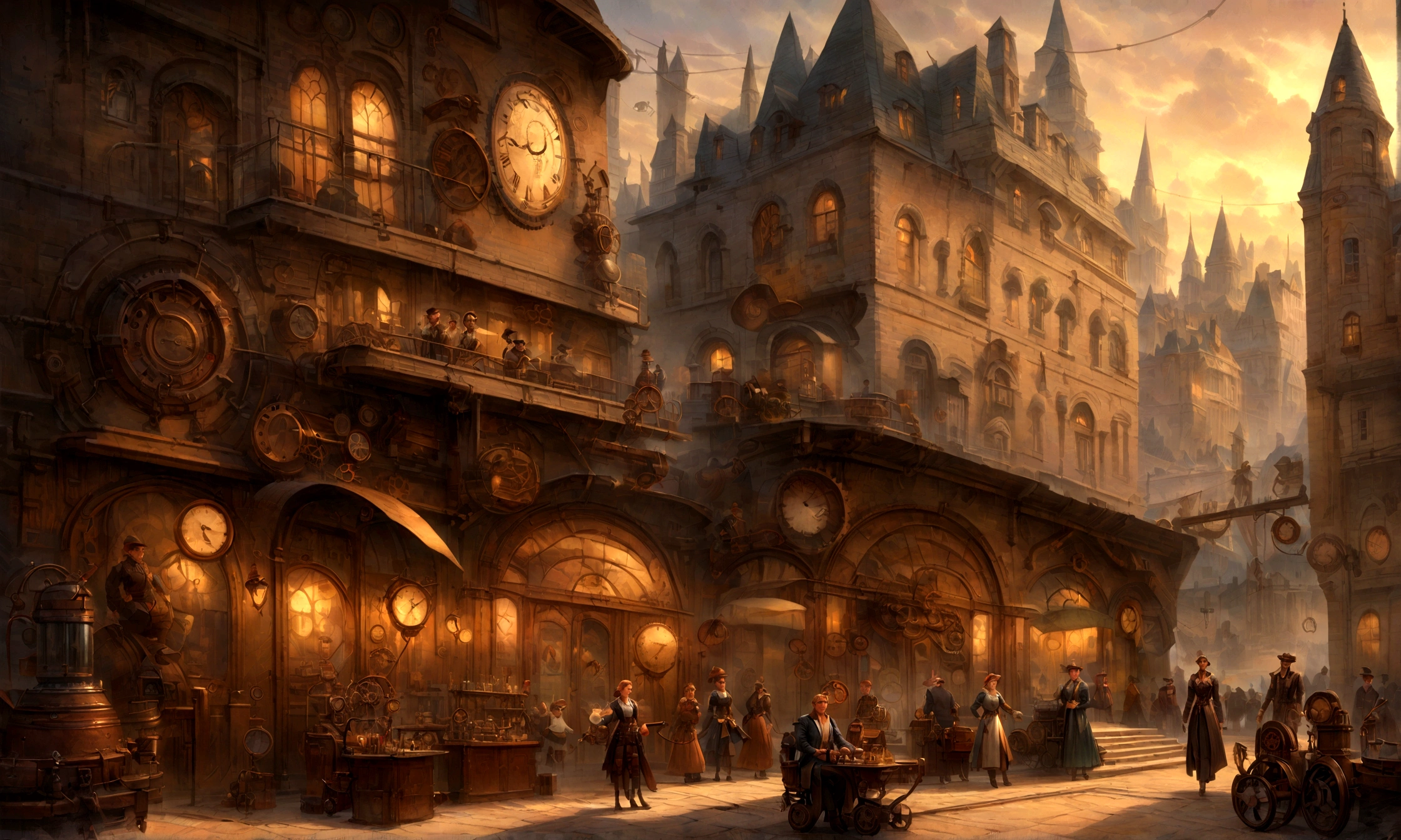 fantasy art, ultra wide shot, realistic, detailed, deviant art, contest winner, concept art, Tim Hildebrandt, fantasy, ((((Steampunk City))))), evening, dreamy realism, Art Station, Adrian Everson's style, cinematic stills rather than aesthetic architecture, Greg Rutkowski, creating a landscape reminiscent of the film "Deadly Magic", Kings Cross Station, London, UK, Using exquisite detail and dynamic design, the illustration captures the awe and confusion evoked by the film "Deadly Magic".