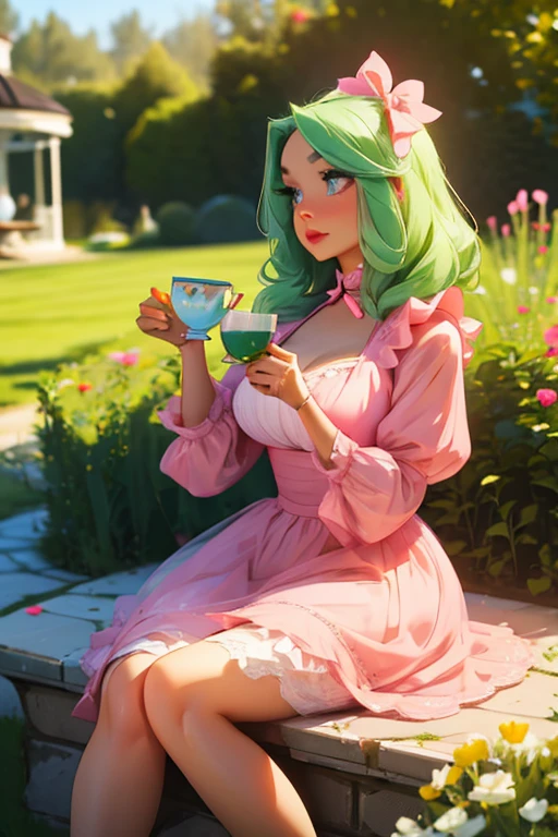 A light green haired woman with pink eyes and an hourglass figure in a pink lolita dress is drinking tea in the garden