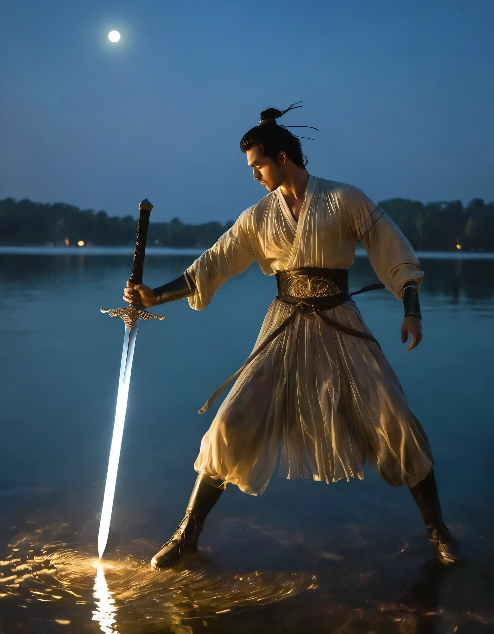 The hero dances with sword:1.5),Anatomically correct，1 glowing sword,(Movement posture),Hold the sword hilt tightly in your hand，Solitary，On the Lake, Wooden boats in the distance and pavilions in the lake，light, mysterious atmosphere,， ripple，(Splash;1.4)，A moon，Motion blur，swordsman，effort，