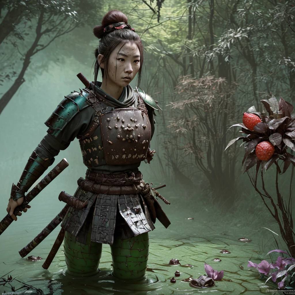a female samurai adventurer,pastry armor,breakfast item themed gear and weapons,trudging through a chocolate syrup sunday themed swamp,repelling a raid by gummi goblins,cinematic lighting,highly detailed,8k,photorealistic,digital art,fantasy,vibrant colors,surreal,whimsical,dynamic composition,ambient occlusion,volumetric lighting,ray tracing,4k,studio quality
