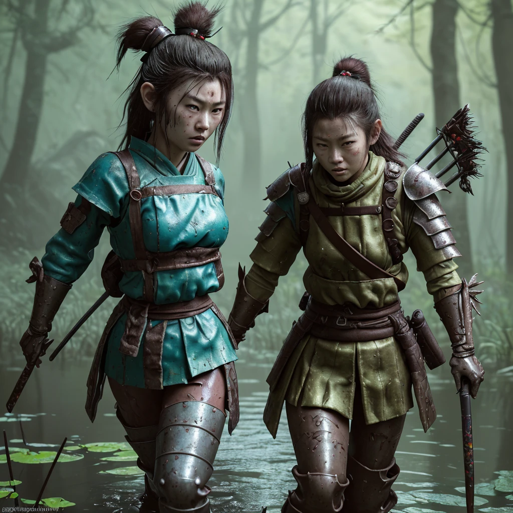 a female samurai adventurer,pastry armor,breakfast item themed gear and weapons,trudging through a chocolate syrup sunday themed swamp,repelling a raid by gummi goblins,cinematic lighting,highly detailed,8k,photorealistic,digital art,fantasy,vibrant colors,surreal,whimsical,dynamic composition,ambient occlusion,volumetric lighting,ray tracing,4k,studio quality
