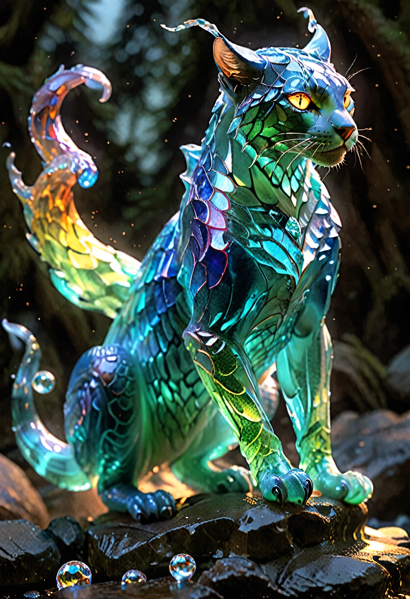 Image rendering in high resolution, with photorealistic quality and rich in detail. Start with the main body. Imagine a pet creature the size of a large dog, with a shape similar to a panther. The body is covered with soft scales, each with an iridescent glow, reflecting all the colors of the spectrum based on the incident light, giving it a mesmerizing appearance. The creature's head is elegant, with large almond-shaped eyes that twinkle like light reflected off a lake. His irises are a deep, captivating blue, radiating a soft light, indicating his elemental power. Add two thin, pointy ears, similar to those of a lynx, framing the creature's face. The creature's tail is long and sinuous, ending in a spiral similar to that of a chameleon, but larger and more robust. It is covered by the same shimmering scales as the body. On the feet, instead of ordinary claws, the creature has crystal-like structures, translucent and of various colors, which glow with an internal light. These "crystal claws" are indicative of his mastery over the elements. Elemental powers. Around your body, show a soft, rippling aura, as if it were composed of tiny particles of light. This aura can change color depending on the element the creature is currently manipulating – blue for water, red for fire, yellow for earth, and white for air. Capture these elements in action around her: a small swirl of fire dancing on her front paw, a ball of earth floating over the other, a breath of wind circling around her tail, and a drop of water floating near her head. Crystal cave setting. Finish the image with a final polish to ensure a vivid brightness and luminosity. The colors should be rich and intense, with high contrast to highlight the splendor of the creature. The scales should reflect light as small prisms, adding extra brightness.