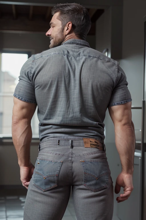Award-winning original photoen, 30 years old man and wild muscular man, 40 years old, short beards, burly, hunk, wearing shirts, smilling happil, detailed, lovely, full body, (((gray jeans))) (((backside)))