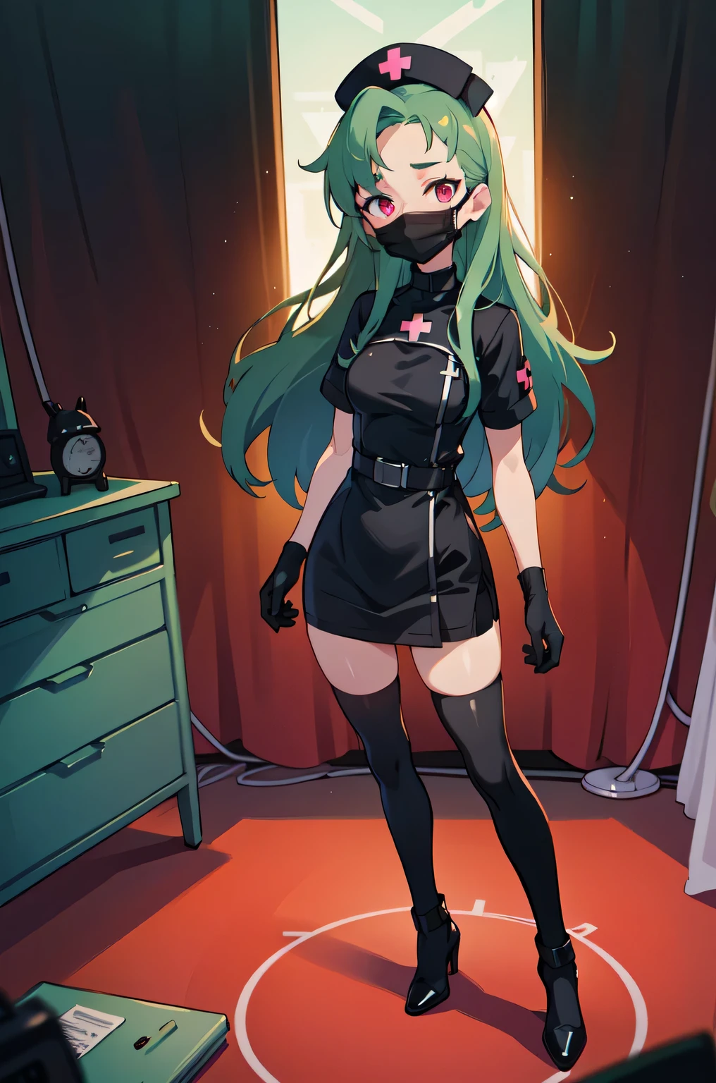 black nurse, 1woman, solo, black nurse cap, black nurse uniform, ((black legwear, zettai ryouiki)), black elbow gloves, forehead, long hair, green hair, pink eyes, ((black surgical mask, covered nose)), standing, ((surgery room)), sharp outline, short sleeves, mature female, 35 years old, best quality, masterpiece