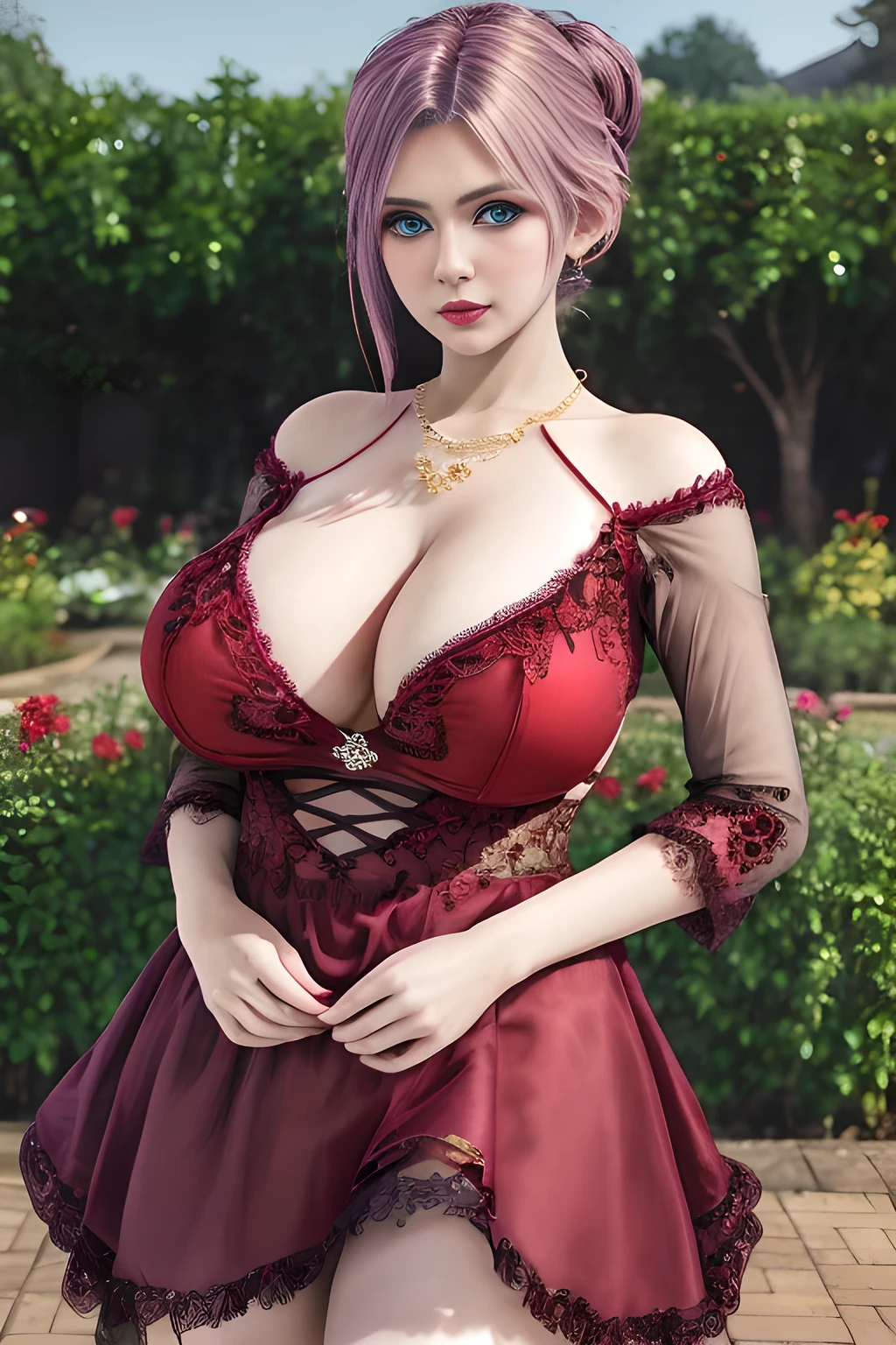 1girl,wore a red dress with delicate lace embellishments and her hair was tied up ,garden,moon,(huge breasts),lactating,(lip gloss),(masterpiece), best quality, (real life portrait photography:1.5),unltra detailed,8K,Shot with a professional-grade camera like the Nikon D850,every intricate detail is captured, from the subtlest expression to the glimmer of anticipation in her eyes,Focus on thighs and above,solo,  elise,