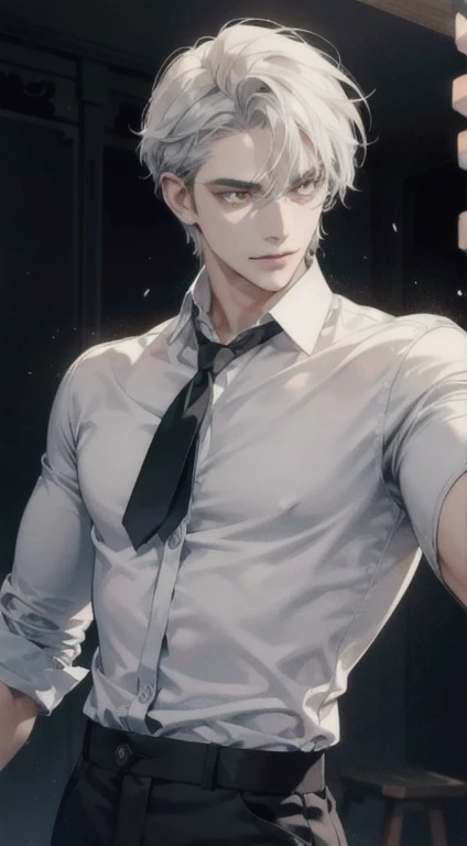 A man with vhite skin, silver short disheveled hair, and yellow eyes stands before you. His eyes glimmer with madness, matching the maniac smile on his face. He is dressed in a partially unbuttoned shirt, revealing the contours of his chest, and wears a tie loosely around his neck. The colors of the scene are predominantly black and gray, evoking a sense of mystery and darkness. The lighting accentuates the sharp features of his face, casting deep shadows. The image is of the highest quality, with an emphasis on realistic details and high resolution. The texture resembles a finely detailed painting, with every strand of hair and wrinkle on his shirt meticulously rendered. The overall effect is hauntingly beautiful, capturing the essence of this enigmatic character.