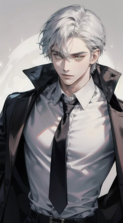 A man with vhite skin, silver short disheveled hair, and yellow eyes stands before you. His eyes glimmer with madness, matching the maniac smile on his face. He is dressed in a partially unbuttoned shirt, revealing the contours of his chest, and wears a tie loosely around his neck. The colors of the scene are predominantly black and gray, evoking a sense of mystery and darkness. The lighting accentuates the sharp features of his face, casting deep shadows. The image is of the highest quality, with an emphasis on realistic details and high resolution. The texture resembles a finely detailed painting, with every strand of hair and wrinkle on his shirt meticulously rendered. The overall effect is hauntingly beautiful, capturing the essence of this enigmatic character.