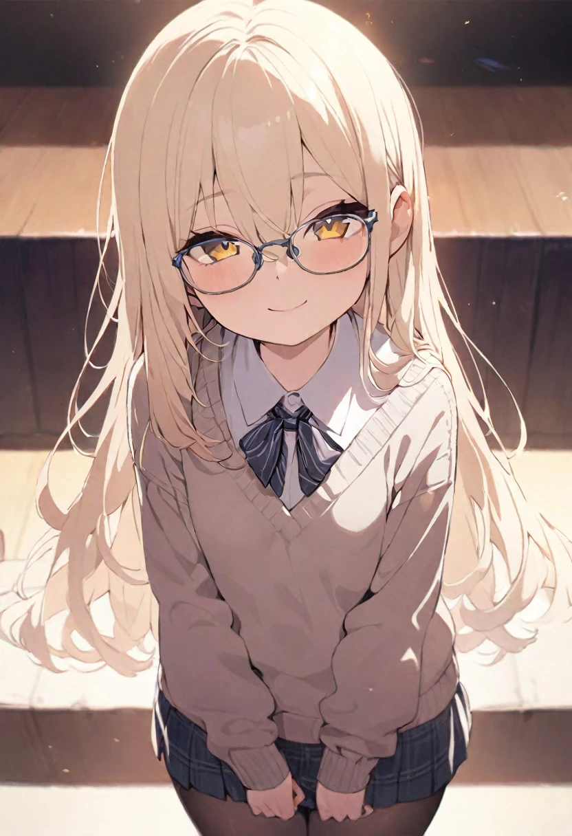masterpiece, best quality, 1 Girl, ((looking at the audience)), Light Blonde Hair, Yellow eyes, long hair, Ahog, sweater, sweater skirt, Pantyhose, 143 cm, Hair between the eyes, Small Breasts, , Glasses, Solitary, only, Smile,