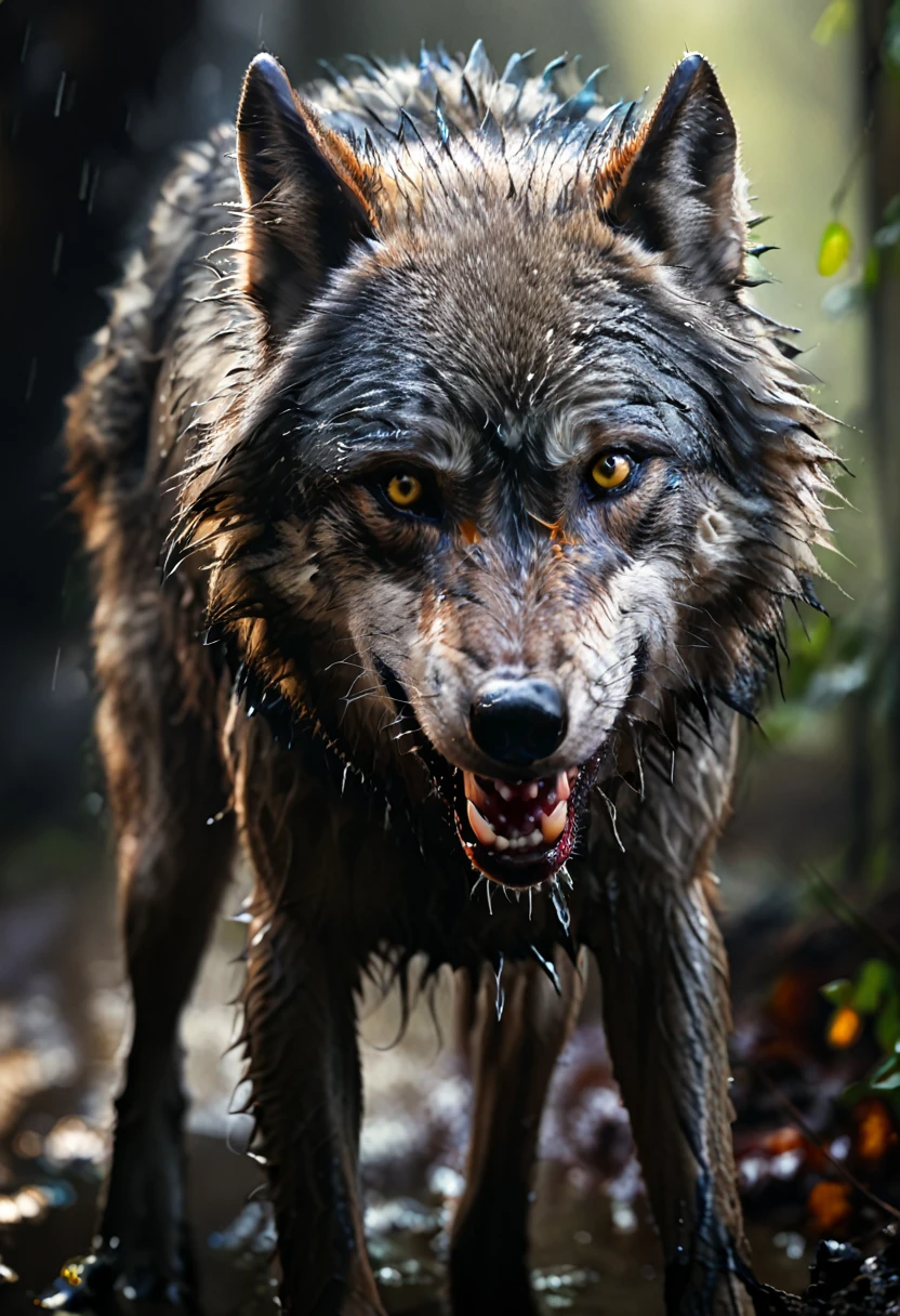 ((Extremely close-up of the face of a wolf:1.5)), ((solo)) 1 Professional Model:1.6, ultra detailed, realistic, skin texture:1.4, piercing eyes, detailed snout, sharp fangs, wet nose, realistic fur texture, dramatic lighting, cinematic composition, depth of field, natural environment, mist, moody atmosphere