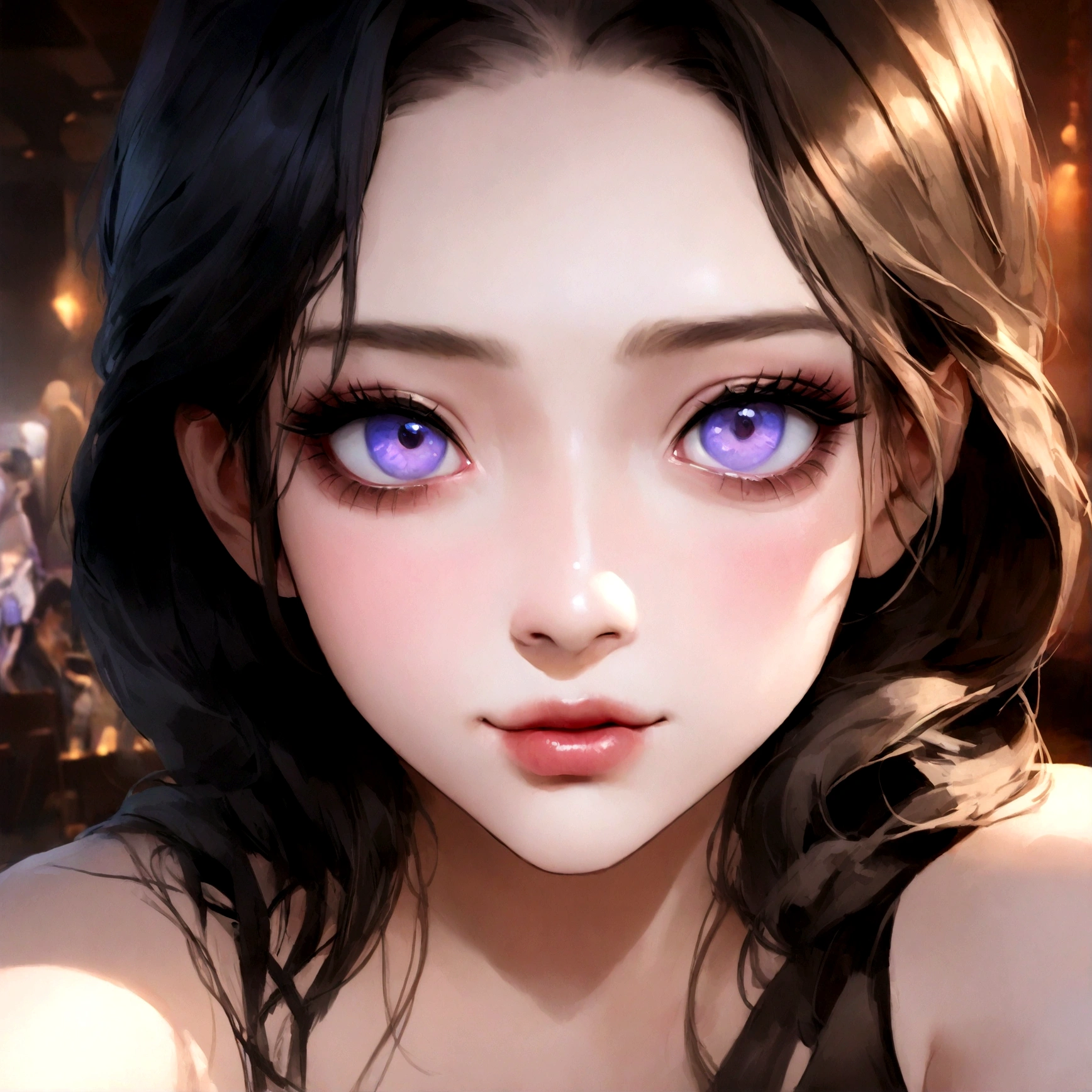 woman nailed with , fille sexy aux yeux marrons, Portrait de Sophie Mudd, cheveux bruns et grands yeux, selfie d'une jeune femme, Yeux de chambre, violette myers, sans maquillage, maquillage naturel, regarder directement la caméra, visage avec artgram, maquillage subtil, superbe photo de plein visage, dans le club, clivage, ultra realistic