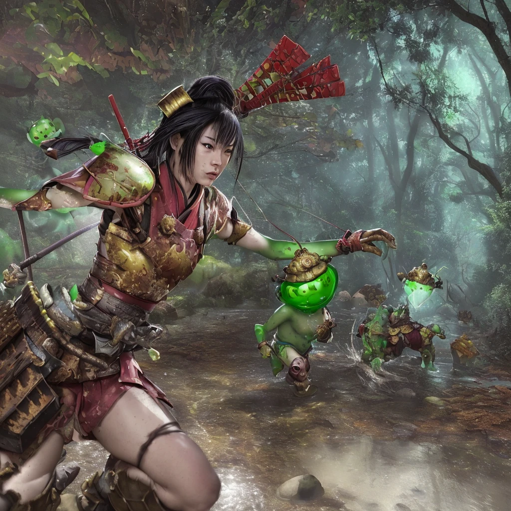 a female samurai adventurer,pastry armor,breakfast item themed gear and weapons,trudging through a chocolate syrup sunday themed swamp,repelling a raid by gummi goblins,cinematic lighting,highly detailed,8k,photorealistic,digital art,fantasy,vibrant colors,surreal,whimsical,dynamic composition,ambient occlusion,volumetric lighting,ray tracing,4k,studio quality