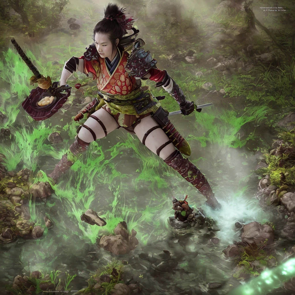 a female samurai adventurer,pastry armor,breakfast item themed gear and weapons,trudging through a chocolate syrup sunday themed swamp,repelling a raid by gummi goblins,cinematic lighting,highly detailed,8k,photorealistic,digital art,fantasy,vibrant colors,surreal,whimsical,dynamic composition,ambient occlusion,volumetric lighting,ray tracing,4k,studio quality