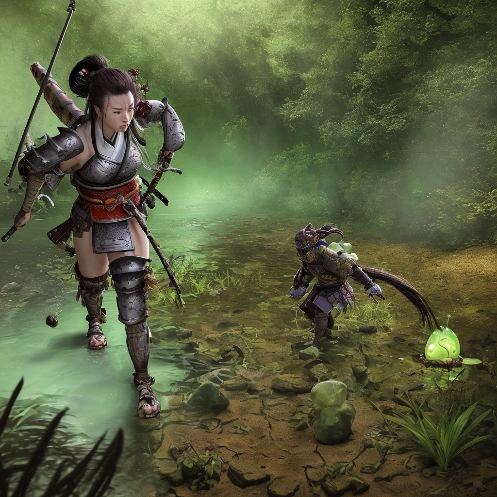 a female samurai adventurer,pastry armor,breakfast item themed gear and weapons,trudging through a chocolate syrup sunday themed swamp,repelling a raid by gummi goblins,cinematic lighting,highly detailed,8k,photorealistic,digital art,fantasy,vibrant colors,surreal,whimsical,dynamic composition,ambient occlusion,volumetric lighting,ray tracing,4k,studio quality
