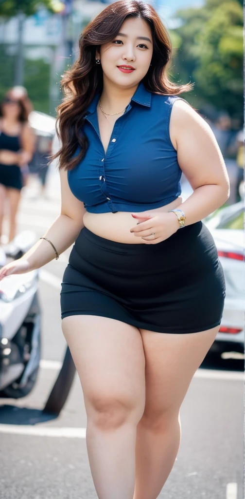 Latina woman, long brown hair, BBW, plus size milf body, chubby figure, chubby face, attractive face, mascara, red lips, beautifully detailed eyes, carefree smile, confident expression,  looking at viewer, (wearing red tank-top, tight black leggings and golden bracelets), wide hips, large thighs, beautiful thick female, thick thighs, she has a jiggly fat round belly, she has a wide load butt, walking down the streets of Miami, best quality, cinematic lighting, detailed background, soft volumetric lights, intricate details, (ArtStation:1.2)
