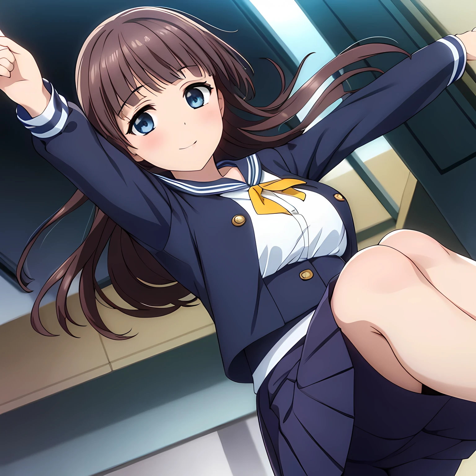 (highest quality, masterpiece:1.2), highest quality, High resolution, 1080p, 8K, CG of the heroine of a beautiful girl game, Height: 158cm, A beautiful woman with a smile falls upside down from the sky like an angel, A face that everyone loves, Glossy lips, Even bangs, Double, Long eyelashes on both the top and bottom, Big wide blue eyes, The very large and thick yellow ribbon bowtie is very cute., ((Black Hair)), Beautiful, shiny, long black hair, ((A long, neat, dark navy pleated skirt)), (((A long-sleeved navy blue sailor uniform for winter, all dark blue in color))), ((Navy blue jacket)), Ribbon in hair, Thick calves, Tight waist, Approaching the viewer with open arms, ((Talking to the audience)), ((Trying to kiss)), A very sacred temple in the sky, Shooting from below, ((Blur the background))