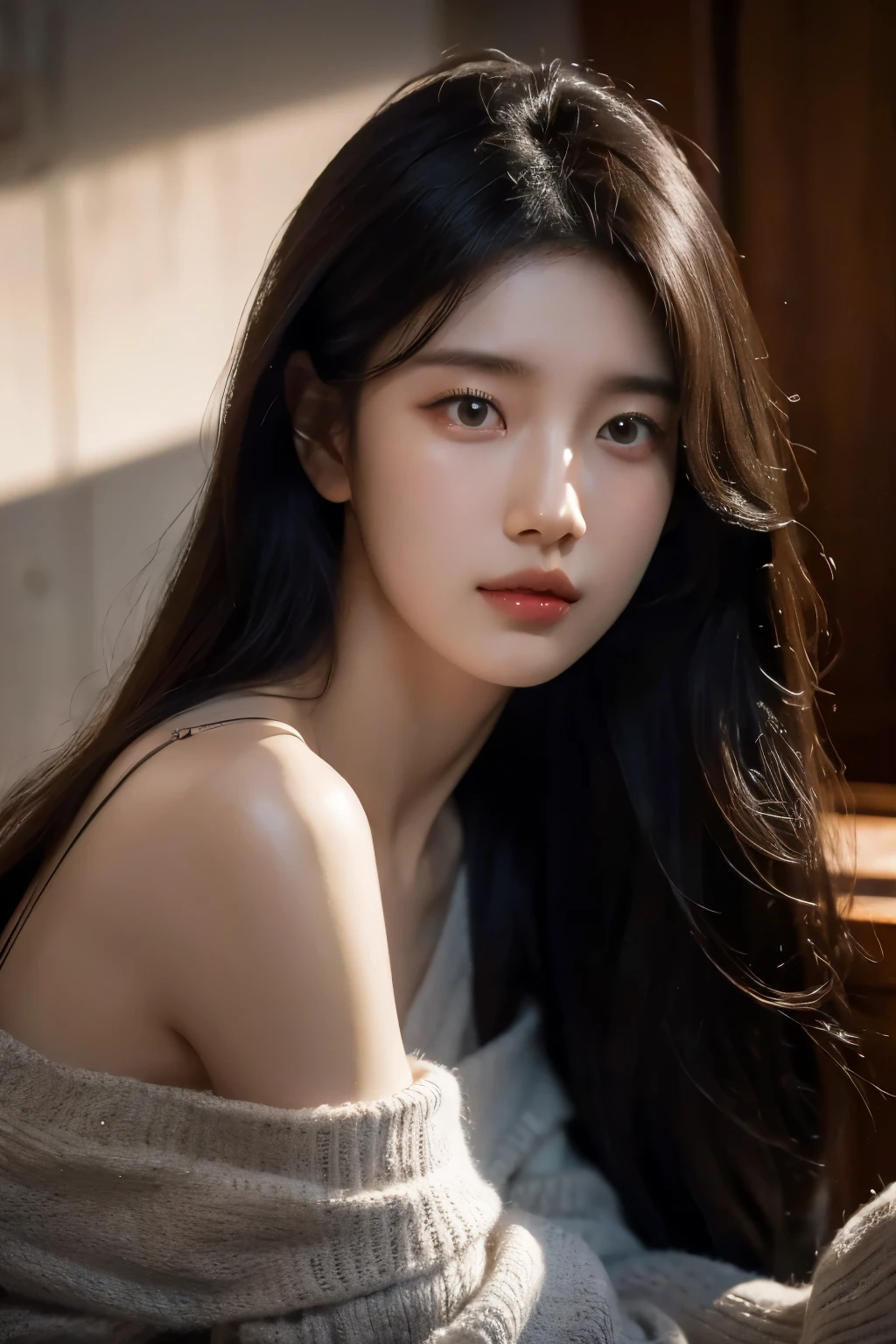 8K, masterpiece, RAW photos, best quality, realistic, extremely detailed CG unity 8K wallpaper, depth of field, cinematic light, lens flare, ray tracing, (very beautiful face, beautiful lips, beautiful eyes), A face with intricate details, ((highly detailed skin)), best quality, masterpiece, ultra high resolution, (realistic photo:1.5), Original image, luxury long dress, 1 woman, Off shoulder, in the dark, deep shadow, low tune, cold light, sexy look, long gray hair,cafe,pretty,rim light,Swirling hair, medium shot, big bust, Korean girl, Korean