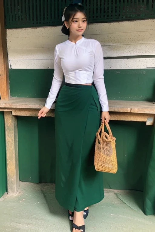 A school teacher is 30years old.Tall, thin, big hips, big breasts, black hair, small lips, brown eyes, attractive, K.Top=white Burmese blouse,With long sleeves,Buttoned at the side.Bottom=(Dark green) long skirt.
Footwear=female Burmese sandals,The hair is knotted bun.