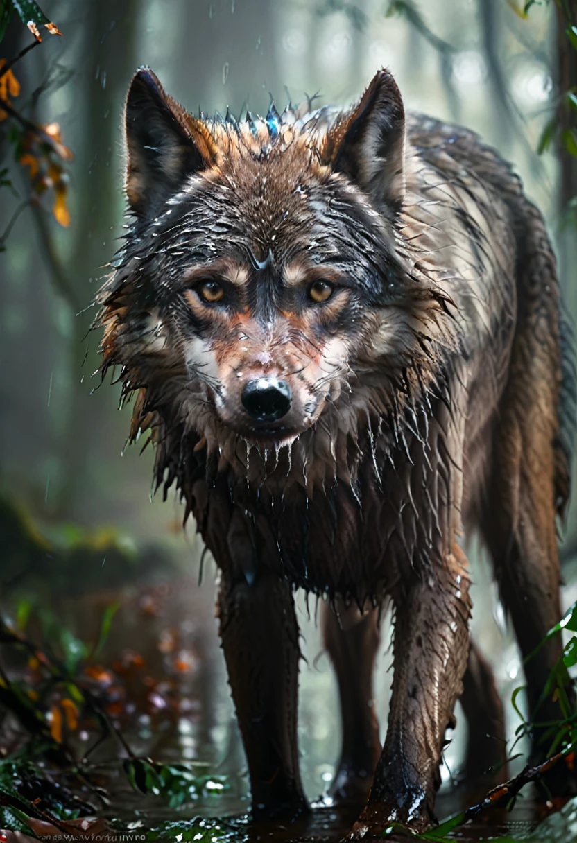 ((Extremely close-up of the face of a wolf:1.5)), ((solo)) 1 Professional Model:1.6, ultra detailed, realistic, skin texture:1.4, piercing eyes, detailed snout, sharp fangs, wet nose, realistic fur texture, dramatic lighting, cinematic composition, depth of field, natural environment, mist, moody atmosphere