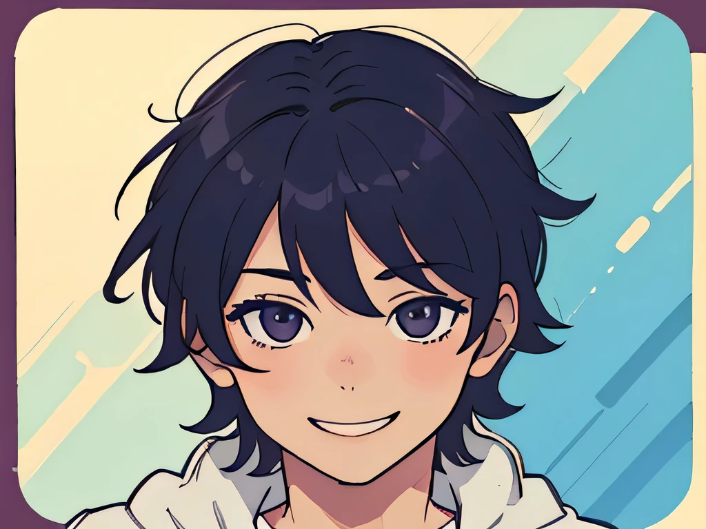perfect anime illustration, closeup portrait of a boy having short messy hair, smiling slightly, straight angle
