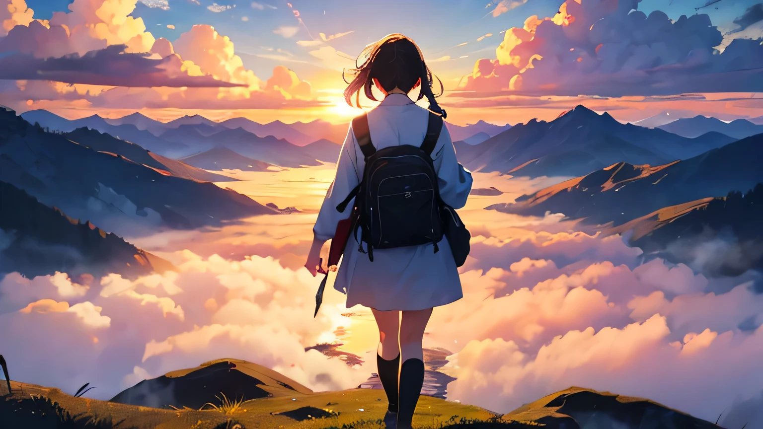Sea of clouds morning、The back view of a girl walking in the morning mountains