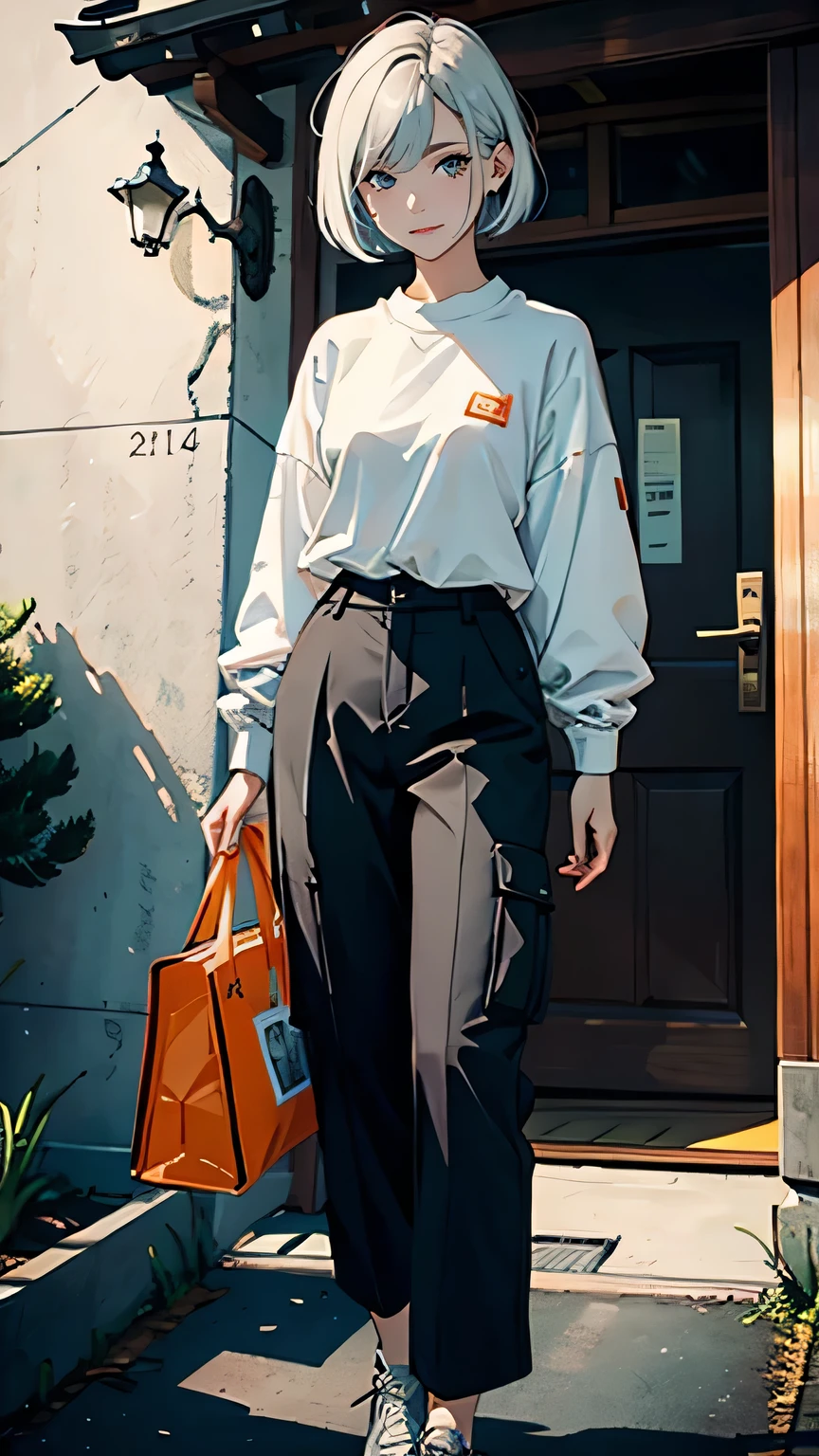 highest quality, (masterpiece:1.2), shape, Absurd, (One Girl, alone), (Beautiful detailed girl), White long sleeve shirt, Short Bob, Ash grey hair, Active,Orange Cargo Pants, Random Pause, smile, Small breasts,